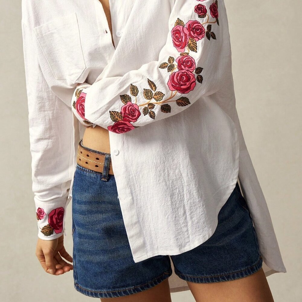 White Boho Women's Woven Asymmetrical Long Sleeve Shirt - Picture 3 of 7